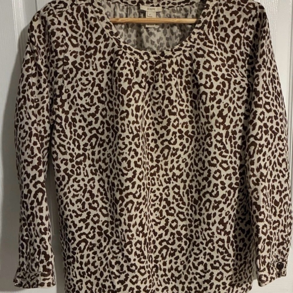 JCrew Woman's 100% Linen Long Sleeve Top Blouse Animal Print Brown/Beige Size 6